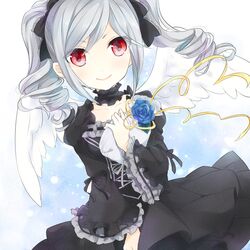  1girl drill_hair hair_ribbon highres idolmaster idolmaster_cinderella_girls jumi kanzaki_ranko long_hair red_eyes ribbon silver_hair smile solo twin_drills twintails wings 