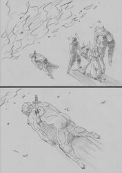  comic dio_brando george_joestar graphite_(medium) impaled jojo_no_kimyou_na_bouken jonathan_joestar knife monochrome nude pools:6532 scar traditional_media translation_request utano 