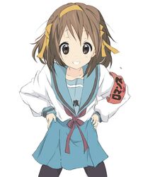  1girl brown_eyes brown_hair core_(mayomayo) cosplay grin hairband hands_on_hips hirasawa_yui k-on! ribbon school_uniform serafuku short_hair smile solo suzumiya_haruhi suzumiya_haruhi_(cosplay) suzumiya_haruhi_no_yuuutsu 