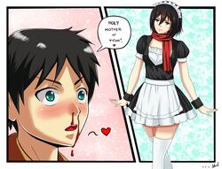  black_hair blood blush eren_jaeger green_eyes heart highres maid maid_headdress mikasa_ackerman nosebleed shingeki_no_kyojin short_hair 