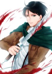  1boy ascot black_hair blood cape green_eyes jacket levi_(shingeki_no_kyojin) norio_(chiki!chiki!) shingeki_no_kyojin solo sword weapon 