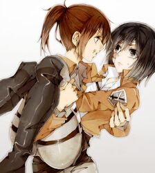  2girls bandages black_hair brown_hair carrying food food_on_face jacket mikasa_ackerman multiple_girls ponytail princess_carry sasha_browse sensui_chuu shingeki_no_kyojin thigh_strap yuri 