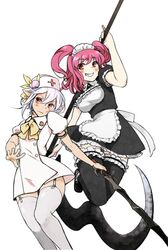  2girls alternate_costume apron black_legwear blush bou_y dress enmaided food frills fruit garter_straps grey_hair hair_bobbles hair_ornament hat highres hinanawi_tenshi maid maid_headdress multiple_girls nurse nurse_cap onozuka_komachi peach pointy_ears red_eyes redhead short_hair short_twintails smile thigh-highs touhou twintails white_legwear 