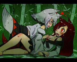  2girls all_fours animal_ears bamboo blush breasts cleavage fang heikouidou_(seraeno) imaizumi_kagerou inubashiri_momiji long_hair lying multiple_girls open_mouth red_eyes redhead short_hair silver_hair skirt tail touhou wolf_ears wolf_tail yuri 