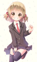 aiura blazer brown_eyes brown_hair grin hair_ribbon loafers necktie ribbon shoes short_hair skirt skirt_tug smile thighhighs two_side_up wakatsuki_misuzu zettai_ryouiki