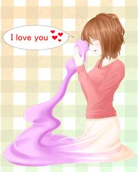  1girl :3 blush brown_hair closed_eyes ditto dual_persona english goo_girl hands heart highres jumper metamon132 monster_girl pokemon skirt slime speech_bubble text transformation 
