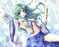  1girl armpits blush breasts detached_sleeves frog geta green_hair highres hiiragi_tomoka kochiya_sanae looking_at_viewer mukyuu navel open_clothes open_mouth open_shirt outstretched_arm outstretched_hand sideboob skirt smile snake_hair_ornament solo spell_card touhou 