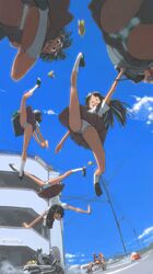  5girls akinbo_(hyouka_fuyou) clouds glases highres long_hair male motor_vehicle motorcycle multiple_girls muscle open_mouth original panties school_uniform skirt sky striped striped_panties underwear upside-down vehicle white_panties 