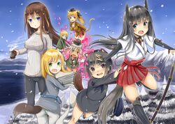  6+girls anabuki_tomoko animal_ears belt black_hair blonde_hair blue_eyes breasts broken_heart brown_hair carrying cleavage coffee condensation_trail cup elizabeth_f_beurling elma_leivonen fang garrison_cap giuseppina_ciuinni glasses green_eyes grey_hair hair_ribbon hat heart holster japanese_clothes katana katharine_ohare long_hair looking_back military military_uniform mountain mug multiple_girls pantyhose paper ponytail ribbon rosettastone sakomizu_haruka scenery short_hair snow snowing steam strike_witches sweatdrop sword tail uniform ursula_hartmann violet_eyes water weapon 