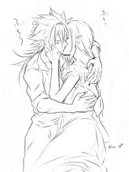  2boys androgynous garushaa_wolfein inazuma_eleven_(series) inazuma_eleven_go inazuma_eleven_go_chrono_stone kiss long_hair male mars_symbol monochrome multiple_boys pointy_ears rough vanfeny_vamp white_background yaoi zuwai_kani 