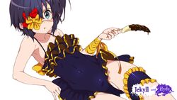  1girl black_hair blue_eyes bow chocolate_banana chuunibyou_demo_koi_ga_shitai! eyepatch garters lowres mizuki_makoto one-piece_swimsuit short_hair solo swimsuit takanashi_rikka 