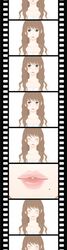  1girl absurdres blush brown_hair bust closed_eyes ebba film_strip grey_eyes highres kiss lips mole smile solo 