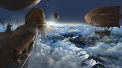  1girl ariship blonde_hair clouds flying hat landscape long_hair mountain original scenery sky snow you_(shimizu) 