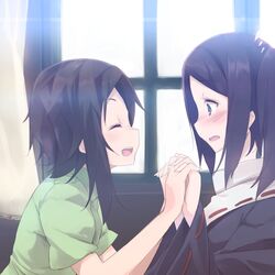  black_hair blue_eyes blush brown_hair closed_eyes holding_hands indoors kawaisou long_hair looking_at_another military military_uniform short_hair smile sora_no_woto sorami_kanata uniform window yumina_(sora_no_woto) 
