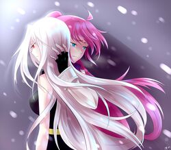  2girls bare_shoulders blue_eyes breasts fingerless_gloves gloves highres hug large_breasts long_hair lyrical_nanoha mahou_shoujo_lyrical_nanoha mahou_shoujo_lyrical_nanoha_a's multiple_girls pink_hair ponytail red_eyes reinforce signum silver_hair sm318 snowing 