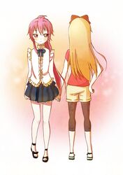  2girls blonde_hair blush bow dorianpanda from_behind hair_bow hand_on_hip highres holding_hands long_hair multiple_girls ponytail purple_hair shorts skirt sleeveless smile sugiura_ayano toshinou_kyouko yuru_yuri 