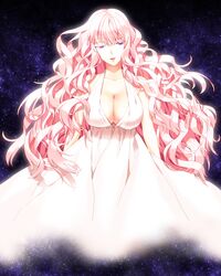  1girl breasts cleavage dress head_tilt highres karinzero large_breasts long_hair solo violet_eyes wavy_hair 