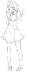  1girl breasts detached_sleeves dress highres lineart loafers maid maid_headdress monochrome nishina open_mouth shoes short_hair smile solo thigh-highs 
