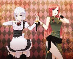  2girls apron black_clothes blue_eyes braid breasts card china_dress chinese_clothes dragon flower garter_straps green_clothes hat highres hong_meiling izayoi_sakuya knife long_hair maid maid_headdress miniskirt multiple_girls open_mouth redhead ribbon rose short_hair silver_hair skirt smile thigh-highs touhou twin_braids usacan 