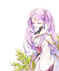  1girl closed_eyes earrings jewelry kakumeiki_valvrave leaf liselotte makeup pink_hair robe twintails 