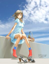  1girl basket brown_eyes brown_hair clouds dress food fruit highres long_hair looking_at_viewer original robot_(santouhei) shoes sitting sky smile socks solo 