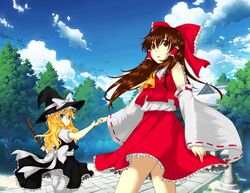  2girls absurdres ascot blonde_hair blue_eyes bow brown_hair colored detached_sleeves hair_bow hair_tubes hakurei_reimu hat highres holding_hands kirisame_marisa long_hair looking_back multiple_girls rolling-boys touhou witch_hat 