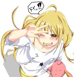  1girl ahoge barefoot blonde_hair blush collarbone demio futaba_anzu idolmaster idolmaster_cinderella_girls long_hair off_shoulder open_mouth rabbit shirt short_sleeves solo stuffed_animal stuffed_toy v very_long_hair wink yellow_eyes 