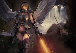1girl angel_wings armor breastplate elbow_gloves faulds flaming_sword garter_straps gloves glowing glowing_eyes greaves long_hair panties pauldrons riftgarret silver_hair solo sword thighhighs underwear weapon wings yellow_eyes