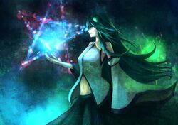  1girl absurdres detached_sleeves gracehoo green_eyes green_hair hair_ornament highres japanese_clothes kochiya_sanae long_hair midriff miko solo touhou violet_eyes 