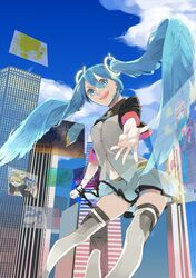 1girl akihiko blue_eyes blue_hair clouds hatsune_miku head_wings kagamine_len kagamine_rin kaito long_hair megurine_luka necktie skirt sky solo thighhighs twintails very_long_hair vocaloid