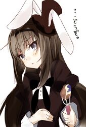  1girl aegis alternate_costume animal_ears black_hair bust food fork grey_eyes hairband hat long_hair mahou_shoujo_madoka_magica nochita_shin rabbit_ears solo 