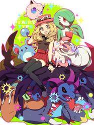  1girl @_@ beaten black_legwear blonde_hair bracelet dragon dragonite english female_protagonist_(pokemon_xy) garchomp gardevoir hashiko_(pecopom) haxorus hydreigon jewelry jigglypuff long_hair marill open_mouth pleated_skirt pokemon pokemon_(game) pokemon_xy sitting skirt sleeveless sunglasses sunglasses_on_head sylveon thigh-highs 