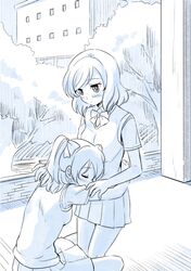  2girls blush closed_eyes hug kousaka_honoka looking_down love_live!_school_idol_project multiple_girls niina_ryou nishikino_maki school_uniform short_hair sitting skirt 