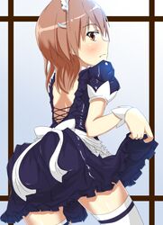 1girl brown_eyes brown_hair etsuji maid misaka_mikoto short_hair solo thighhighs to_aru_kagaku_no_railgun to_aru_majutsu_no_index