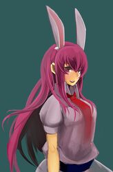  1girl absurdres animal_ears breasts dress_shirt extra_ears haruharudog highres lips long_hair necktie open_mouth purple_hair rabbit_ears red_eyes reisen_udongein_inaba shirt simple_background solo touhou 