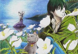  1girl 2boys angeechan black_eyes black_hair cat collar darker_than_black expressionless flower grass hei jacket mao multiple_boys plant ponytail ribbon traditional_media water white_hair yin 