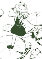  1girl hair_ribbon hat lily_pad monochrome moriya_suwako pila-pela ribbon solo touhou wide_sleeves 