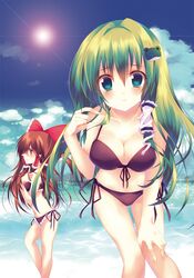 2girls beach bikini blush breasts brown_hair cleavage frog_hair_ornament front-tie_top green_eyes green_hair hair_ornament hair_tubes hakurei_reimu highres kochiya_sanae leaning_forward multiple_girls saichuu side-tie_bikini sky smile snake_hair_ornament swimsuit touhou water