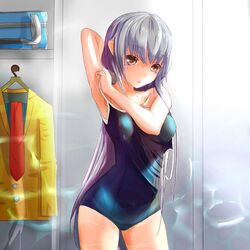  1girl brown_eyes dabuman dressing long_hair original school_swimsuit silver_hair swimsuit 