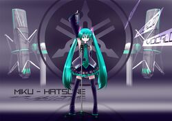  1girl aqua_eyes aqua_hair arm_up arms_behind_back blouse chipika detached_sleeves english hair_ornament hair_ribbon hatsune_miku headphones long_hair looking_at_viewer microphone microphone_stand miniskirt necktie pleated_skirt pointing ribbon skirt sleeveless solo stage standing thigh-highs twintails very_long_hair vocaloid zettai_ryouiki 