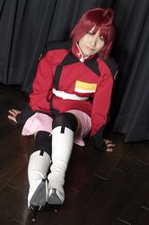  boots cosplay gun gundam gundam_seed gundam_seed_destiny redhead suzukaze_yuuki thigh-highs uniform 