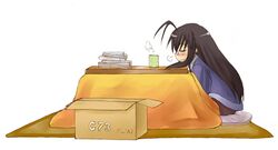  black_hair blush box comiket drink glasses kasuga_yukihito kotatsu mahou_sensei_negima mahou_sensei_negima! profile saotome_haruna table 