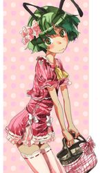  1girl alternate_costume antennae ascot basket green_eyes green_hair short_shorts shorts skirt solo thigh-highs touhou white_legwear wriggle_nightbug yohane 