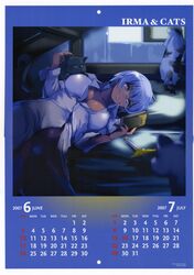  akaga_hirotaka bed blue_hair breasts calendar cat cleavage dark_skin dress_shirt glasses highres irma lying panties pink_eyes queen's_blade queen's_blade reading shirt short_hair thigh-highs thighhighs thong underwear 