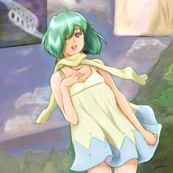  ahoge dress green_eyes jewelry macross macross_frontier necklace ranka_lee ribbon scarf short_hair wink 