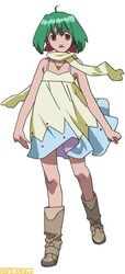  ahoge boots dress green_hair hair_ribbon jewelry legs macross macross_frontier necklace official_art ranka_lee red_eyes ribbon scarf 