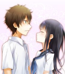  1girl black_hair brown_hair chitanda_eru closed_eyes couple green_eyes hyouka kiss long_hair oreki_houtarou school_uniform serafuku shimoku_reyu short_hair 