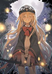 1girl blonde_hair blush closed_eyes full_moon goggles goggles_on_head hat helmet jong_tu katana long_hair moon night original poncho school_uniform skirt sky smile solo sword tears very_long_hair weapon 