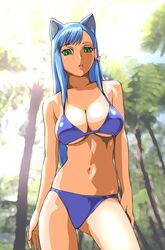  bikini blue_hair breasts cat_ears cleavage green_eyes hair_ribbon large_breasts lipstick long_hair nature original palm_tree photo_background ribbon solo standing swimsuit tree ueyama_michirou underboob 