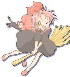  broom broom_riding core_(artist) cosplay ghibli hair_bow hairband jiji_(character) jiji_(cosplay) kiki kiki's_delivery_service kiki_(cosplay) kogami_akira lucky_star majo_no_takkyuubin parody shiraishi_minoru studio_ghibli wink yellow_eyes 